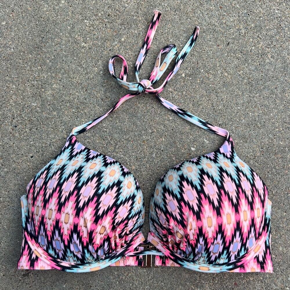 Victoria’s Secret 34D Bombshell 2 Cup Push Up Halter Bikini Top Neon Aztec